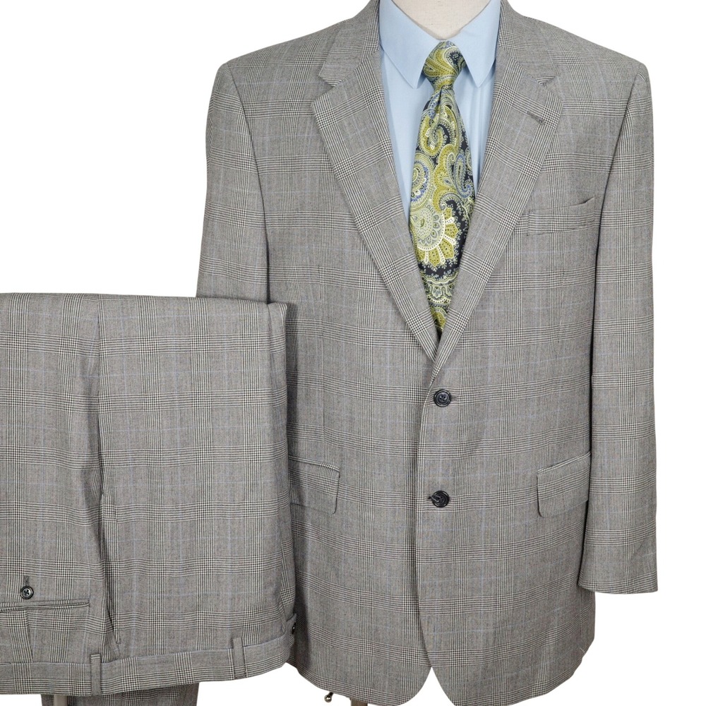 Jos A Bank Signature Suit Men 43R 36W 30L Gray Blue Houndstooth Plaid Two Button